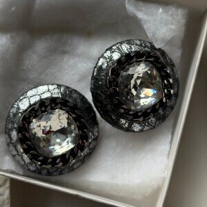 Vintage Silver Snakeskin & Rhinestone Headlight Clip On Earrings